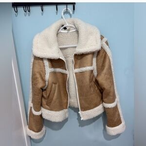 H&M Tan and Cream Shearling Faux Fur Jacket sz Meduim